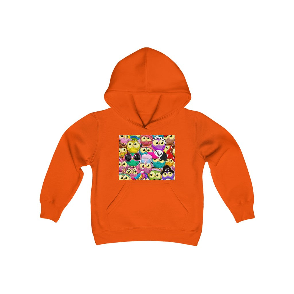 Youth Heavy Blend Hooded Sweatshirt "Colorful Pattern with cute cartoon owls"