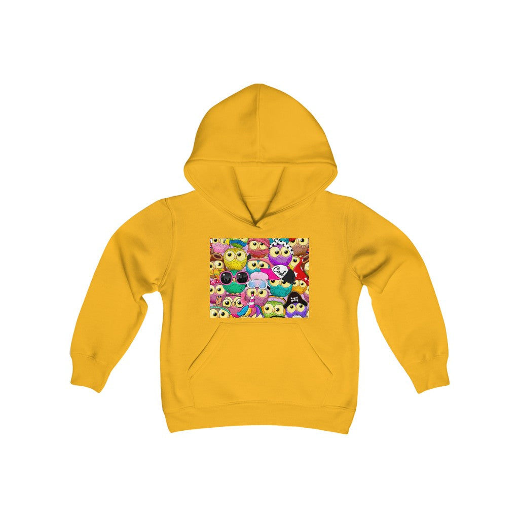 Youth Heavy Blend Hooded Sweatshirt "Colorful Pattern with cute cartoon owls"