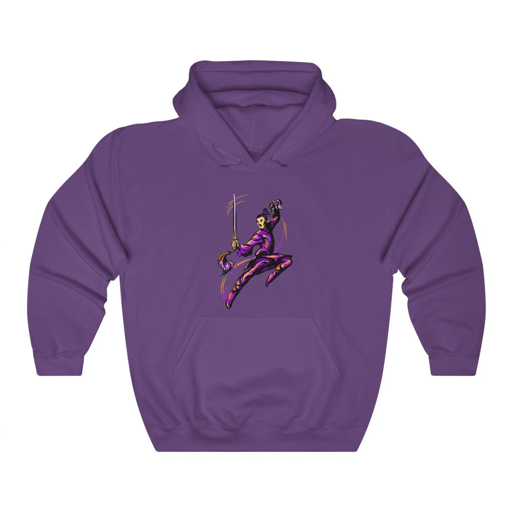 Unisex Heavy Blend™ Hooded Sweatshirt "Master of wushu in a purple kimono with a sword on training"