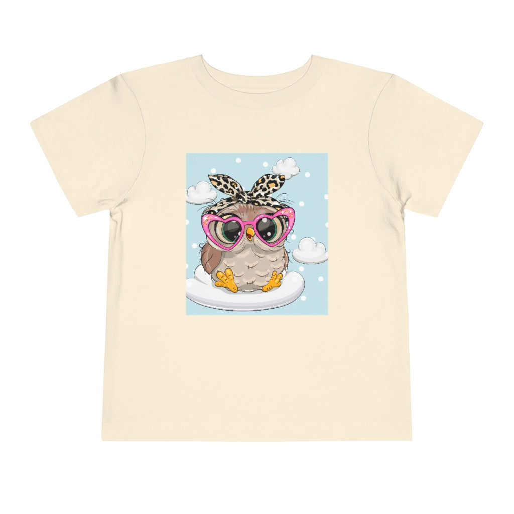 Kids Short Sleeve Tee "Cute Cartoon Owl in pink glasses on the cloud"