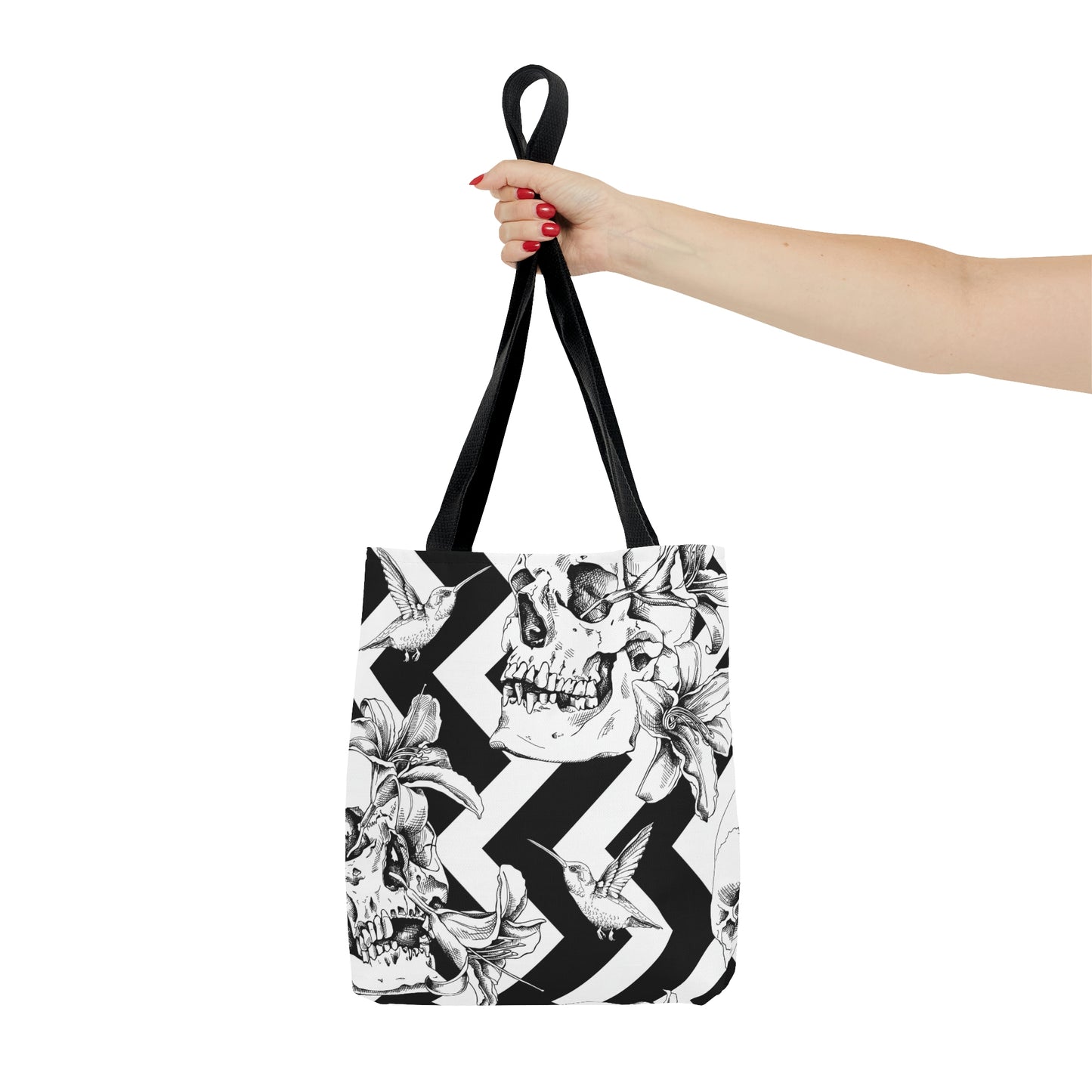 AOP Tote Bag "Human skulls with exotic flowers and bird on the geometric background"