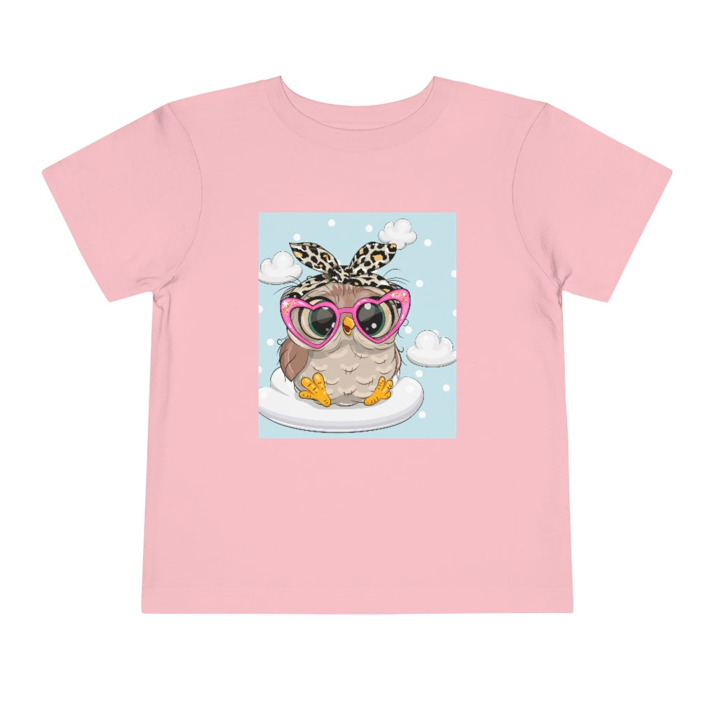 Kids Short Sleeve Tee "Cute Cartoon Owl in pink glasses on the cloud"