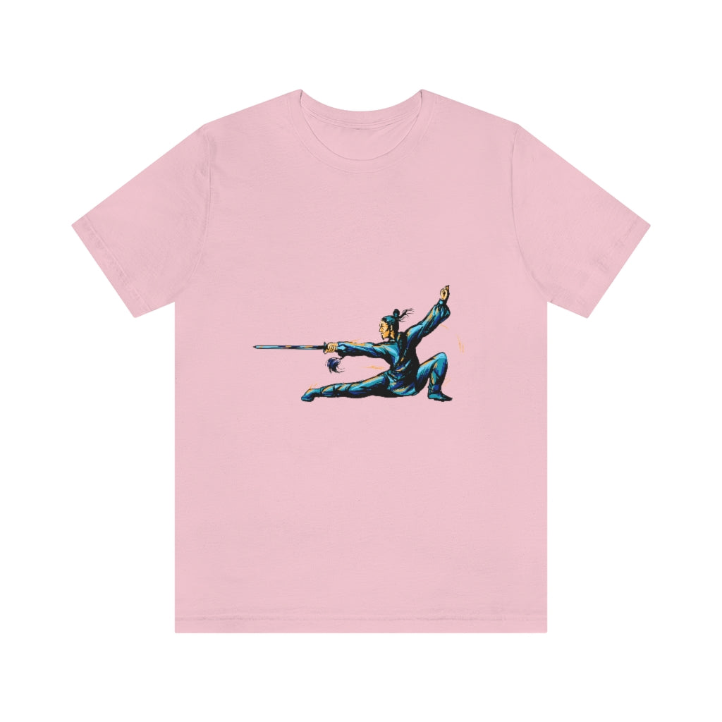 Unisex Jersey Short Sleeve Tee "Master of wushu in a blue kimono with a sword on training"