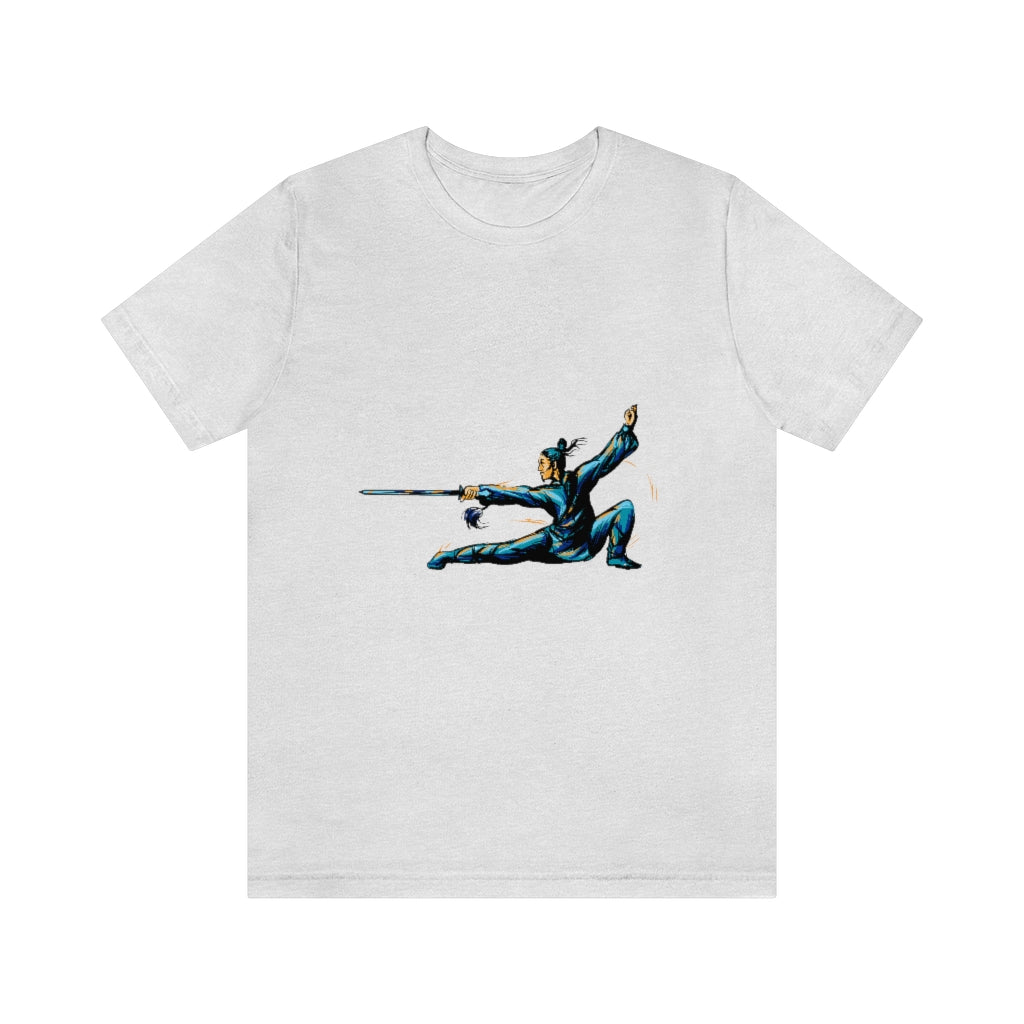 Unisex Jersey Short Sleeve Tee "Master of wushu in a blue kimono with a sword on training"