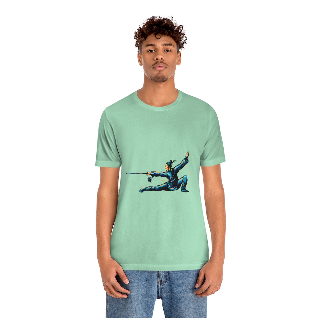 Unisex Jersey Short Sleeve Tee "Master of wushu in a blue kimono with a sword on training"