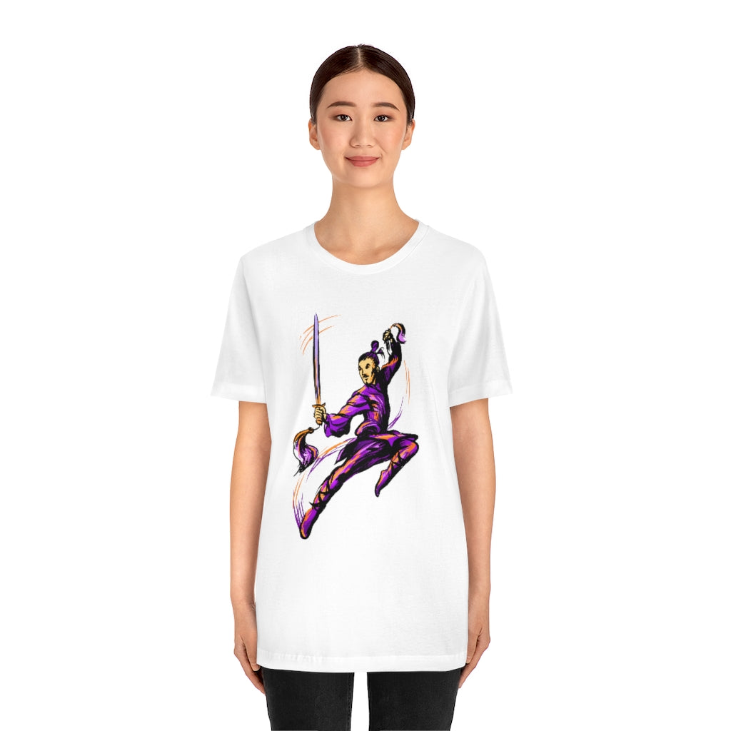 Unisex Jersey Short Sleeve Tee "Master of wushu in a purple kimono with a sword on training"