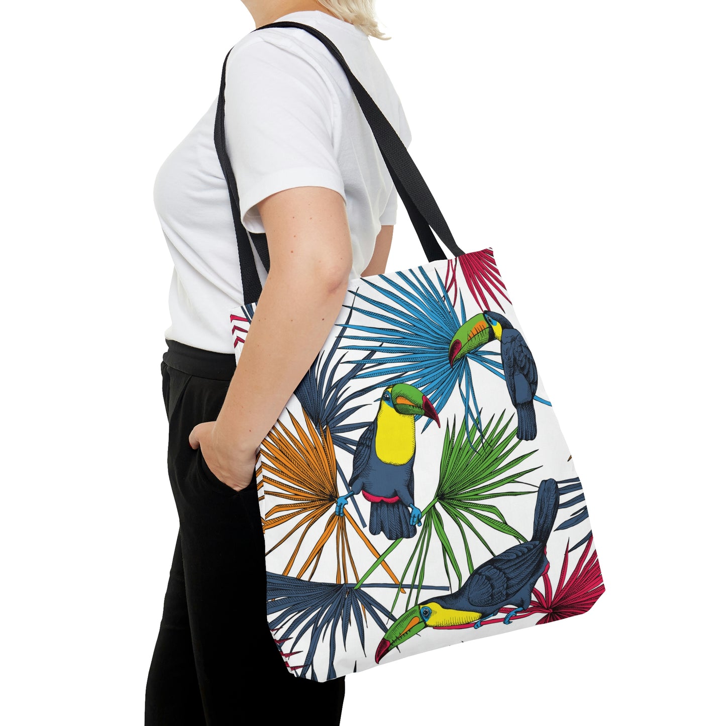 AOP Tote Bag "Tropical leaves, palm and Toucan birds"