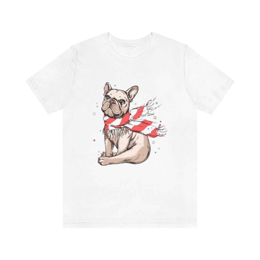 Unisex Jersey Short Sleeve Tee "French bulldog in a striped scarf"