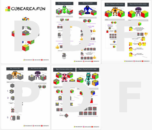 PDF Printable Scheme How to solve a Rubik's cube 3x3 by Cubearea.fun (2 formats, big format - 6 pages 11*8,5 inches, small format - 2 pages 11*8,5 inches)