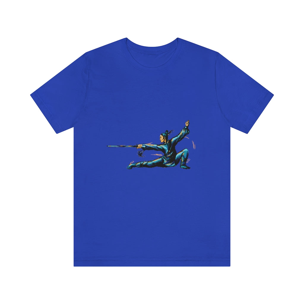 Unisex Jersey Short Sleeve Tee "Master of wushu in a blue kimono with a sword on training"