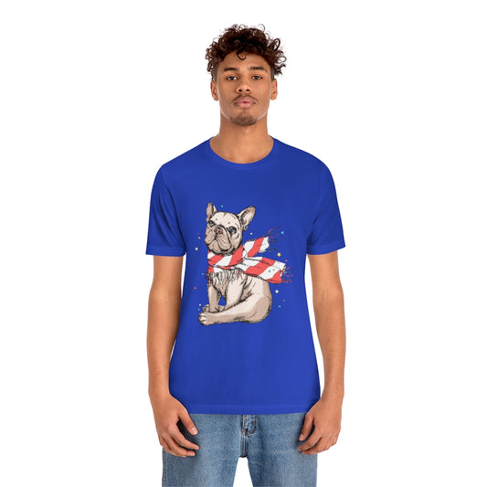 Unisex Jersey Short Sleeve Tee "French bulldog in a striped scarf"