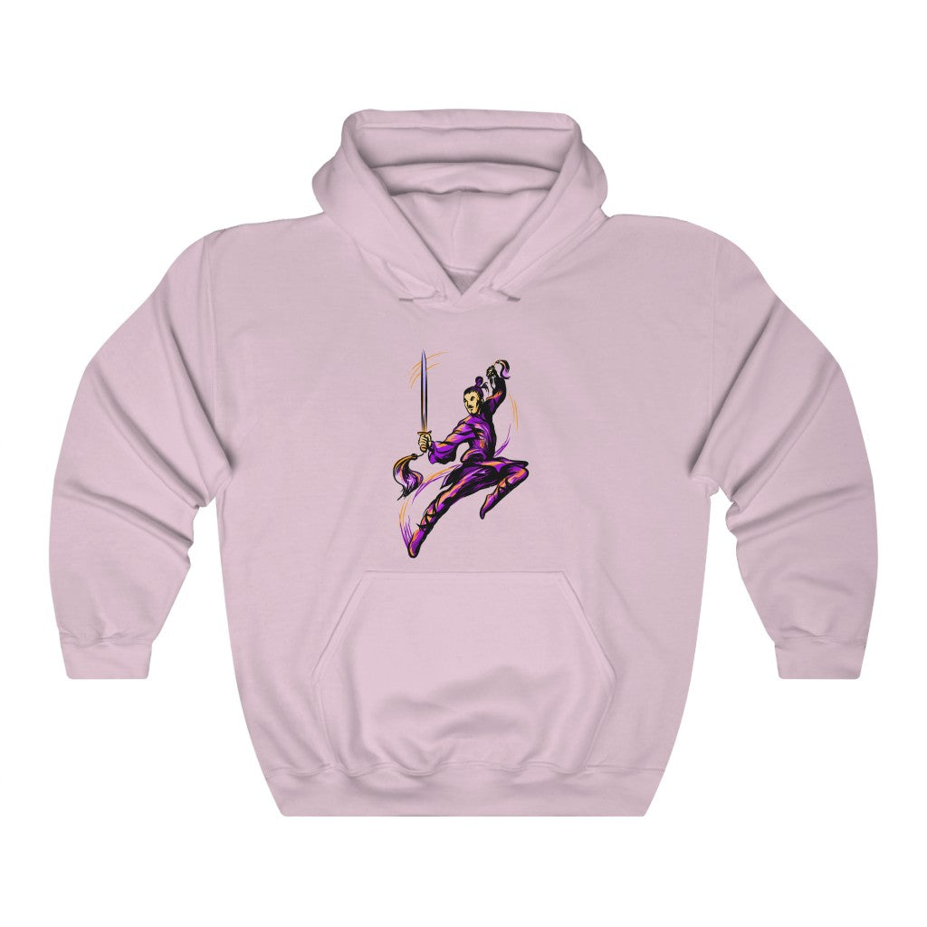 Unisex Heavy Blend™ Hooded Sweatshirt "Master of wushu in a purple kimono with a sword on training"
