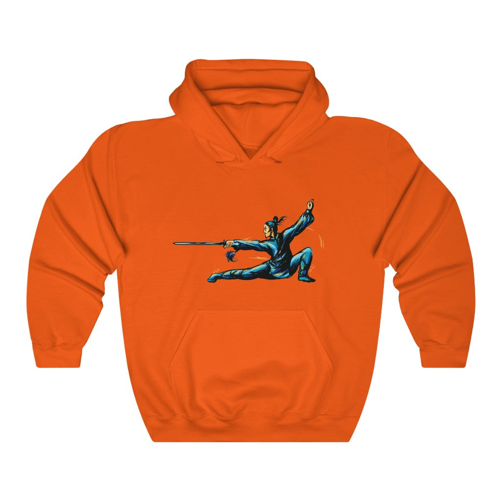 Unisex Heavy Blend™ Hooded Sweatshirt "Master of wushu in a blue kimono with a sword on training"