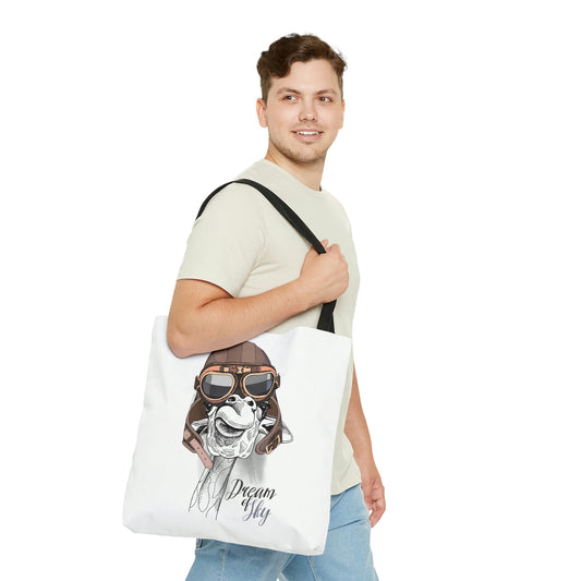 AOP Tote Bag "Giraffe in Aviator Leather Helmet"