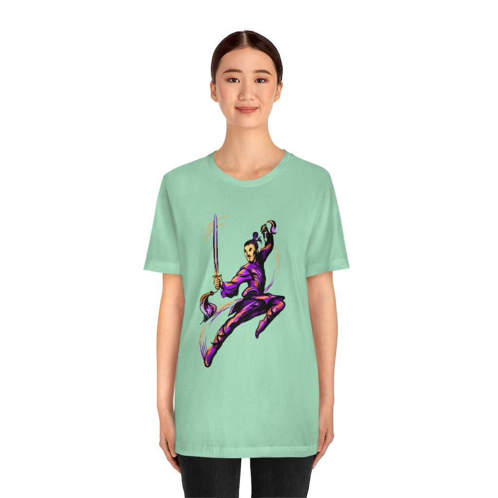 Unisex Jersey Short Sleeve Tee "Master of wushu in a purple kimono with a sword on training"