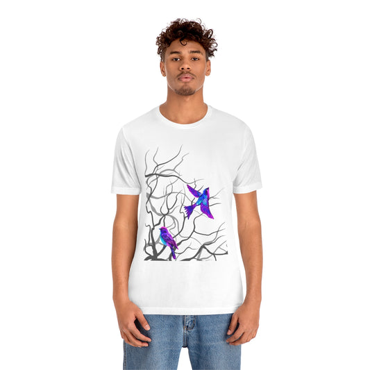 Unisex Jersey Short Sleeve Tee "Multi-colored birds sitting on tree branches"