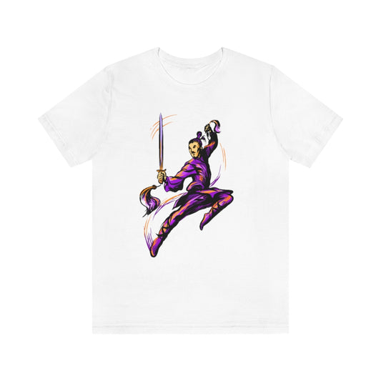 Unisex Jersey Short Sleeve Tee "Master of wushu in a purple kimono with a sword on training"