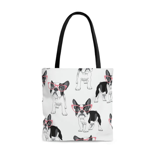 AOP Tote Bag "Pattern with cartoon French Bulldog in a pink glasses"