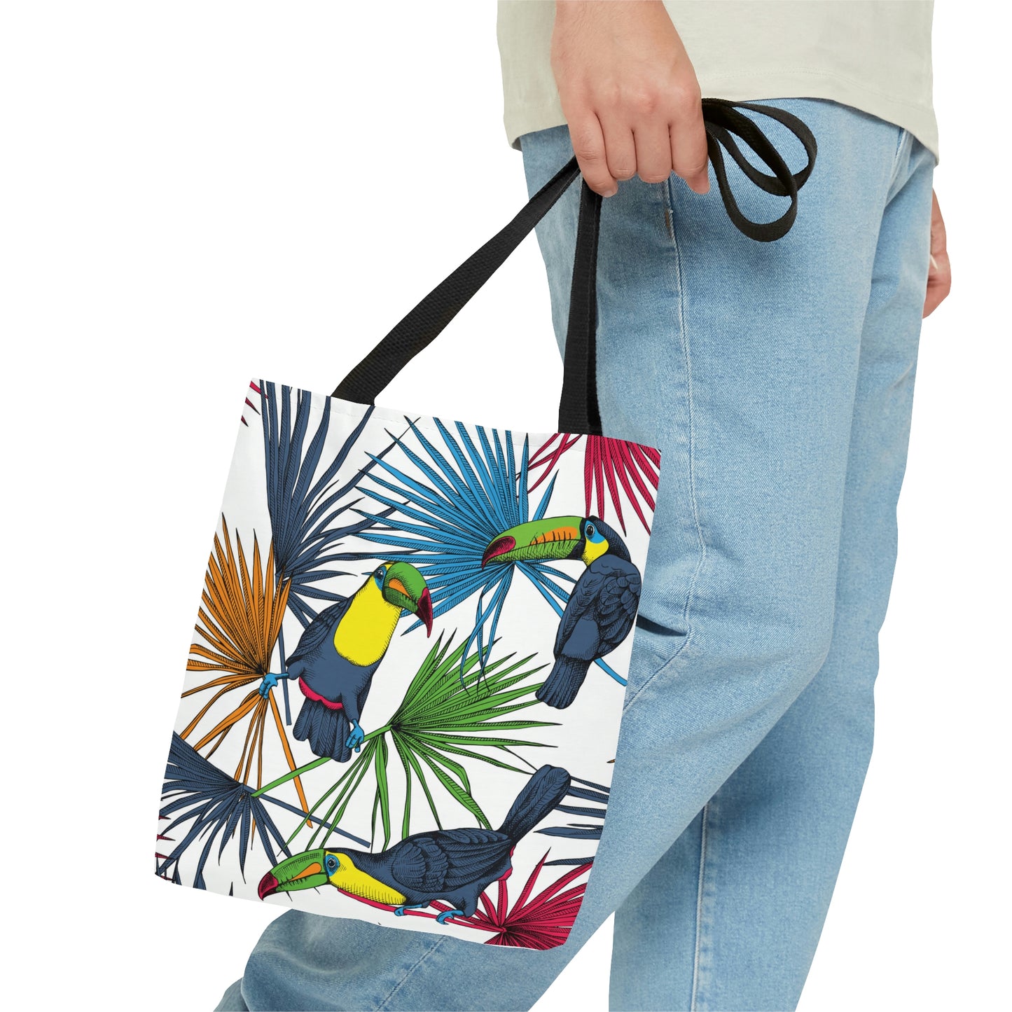 AOP Tote Bag "Tropical leaves, palm and Toucan birds"