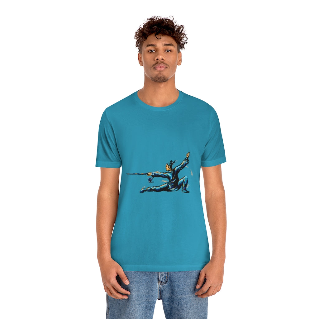 Unisex Jersey Short Sleeve Tee "Master of wushu in a blue kimono with a sword on training"