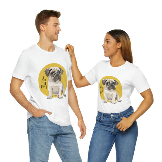 Unisex Jersey Short Sleeve Tee "Puppy Pug on a yellow background"