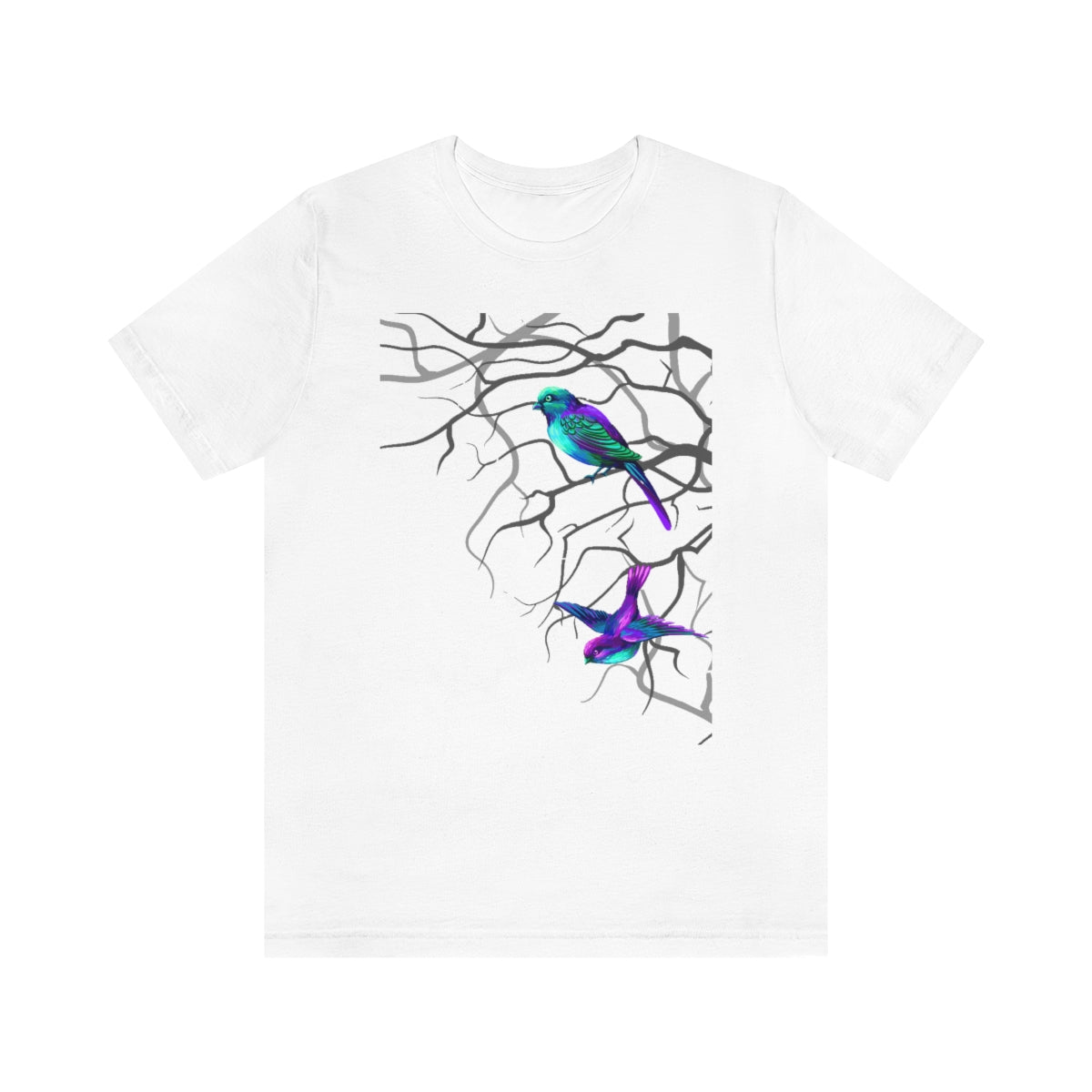 Unisex Jersey Short Sleeve Tee "Multi-colored birds sitting on tree branches"