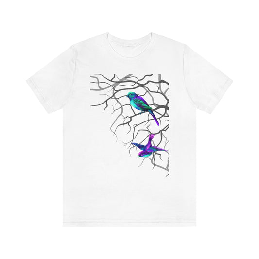 Unisex Jersey Short Sleeve Tee "Multi-colored birds sitting on tree branches"