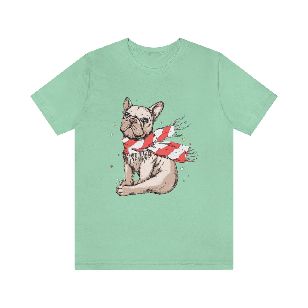 Unisex Jersey Short Sleeve Tee "French bulldog in a striped scarf"