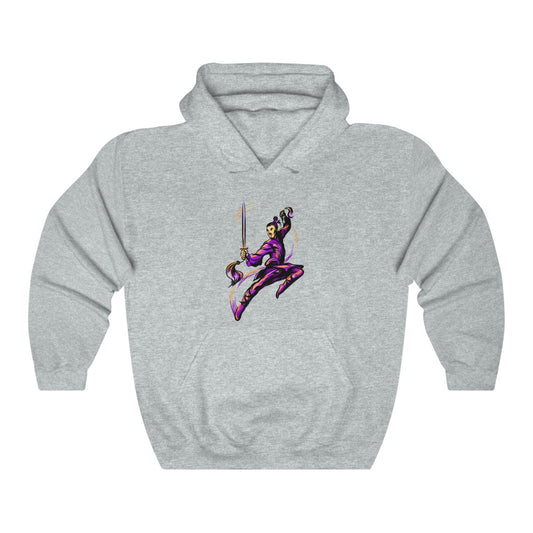 Unisex Heavy Blend™ Hooded Sweatshirt "Master of wushu in a purple kimono with a sword on training"