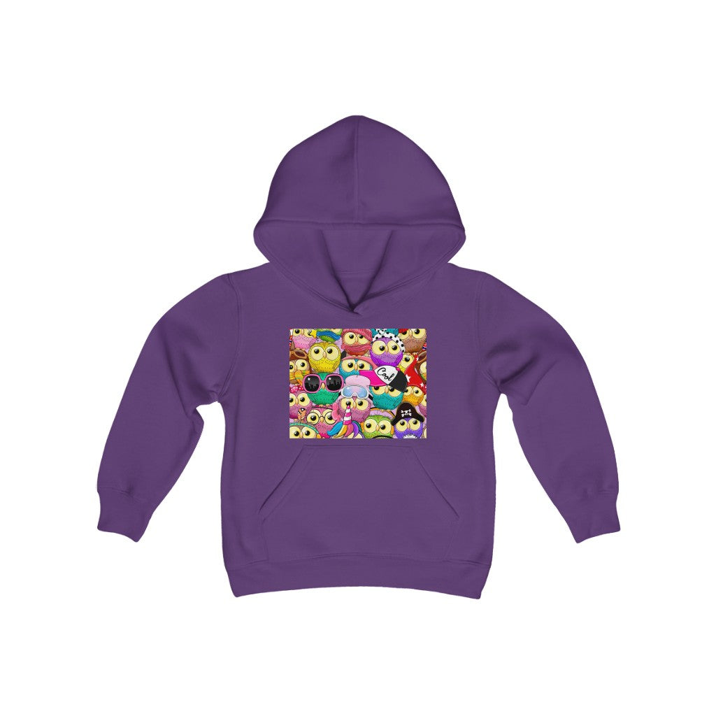 Youth Heavy Blend Hooded Sweatshirt "Colorful Pattern with cute cartoon owls"