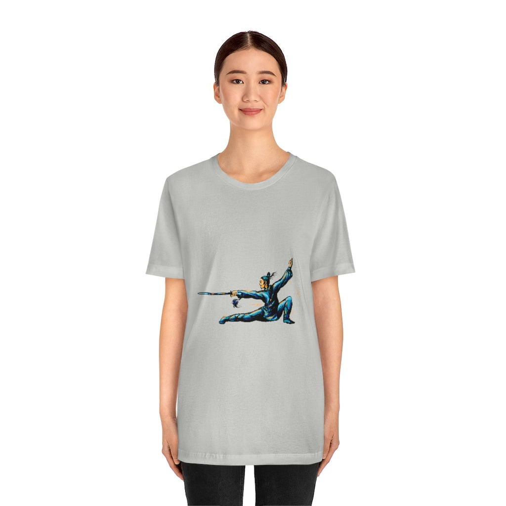 Unisex Jersey Short Sleeve Tee "Master of wushu in a blue kimono with a sword on training"