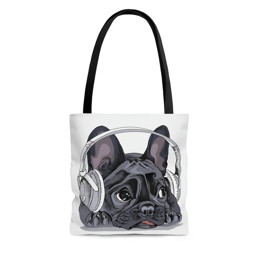 AOP Tote Bag "French bulldog with a headphones"