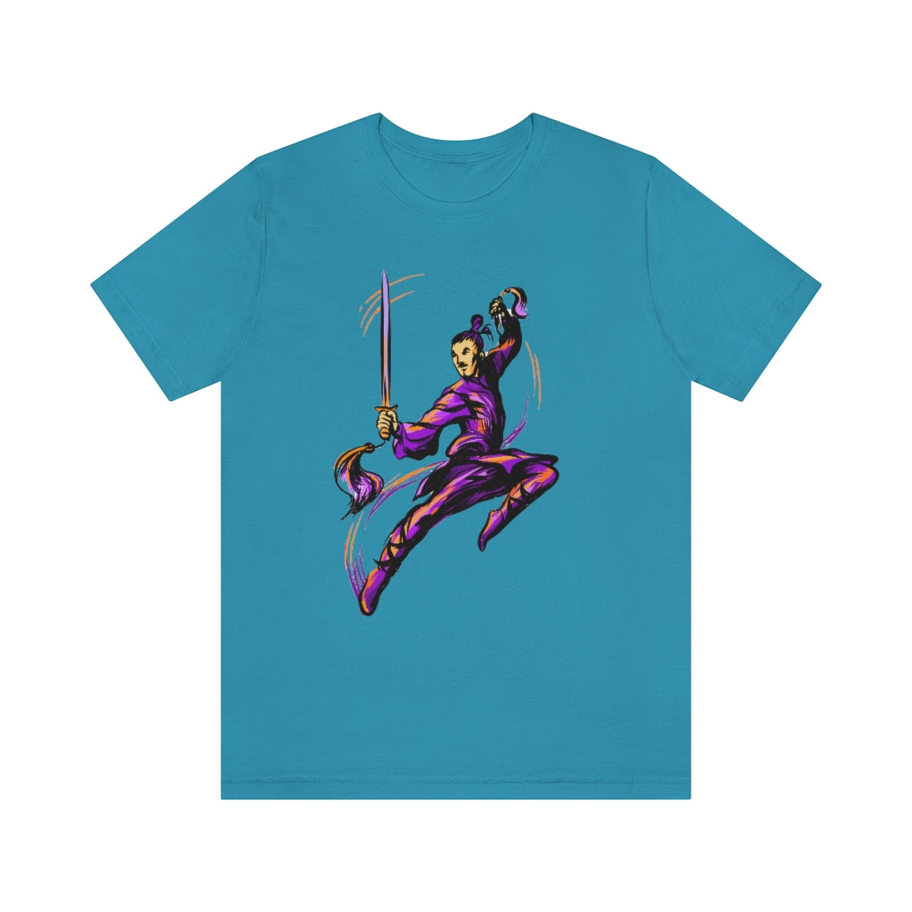 Unisex Jersey Short Sleeve Tee "Master of wushu in a purple kimono with a sword on training"