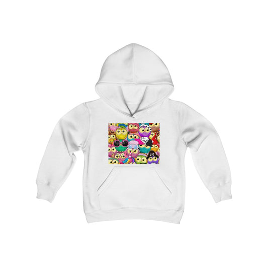 Youth Heavy Blend Hooded Sweatshirt "Colorful Pattern with cute cartoon owls"
