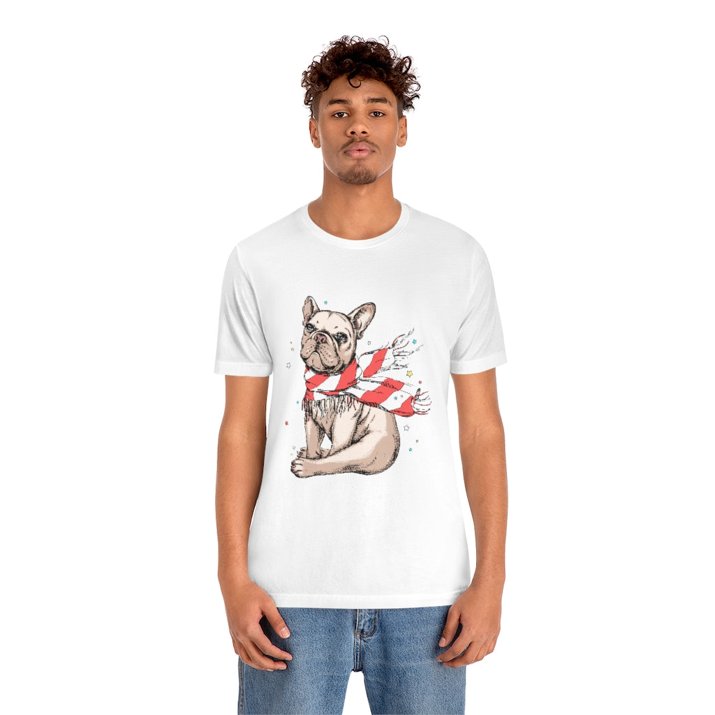 Unisex Jersey Short Sleeve Tee "French bulldog in a striped scarf"