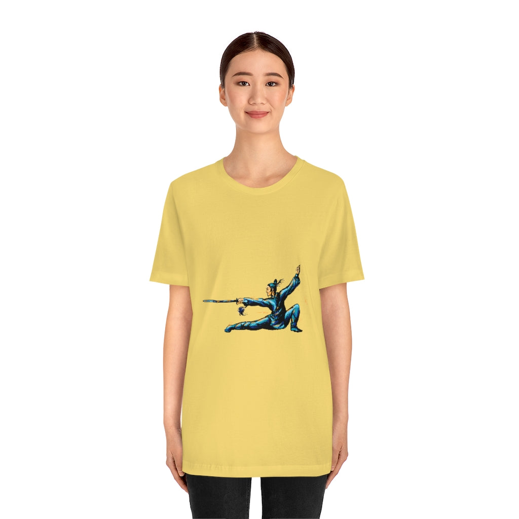 Unisex Jersey Short Sleeve Tee "Master of wushu in a blue kimono with a sword on training"