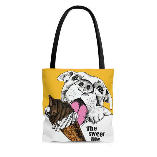 AOP Tote Bag "Happy dog with ice cream on yellow background"