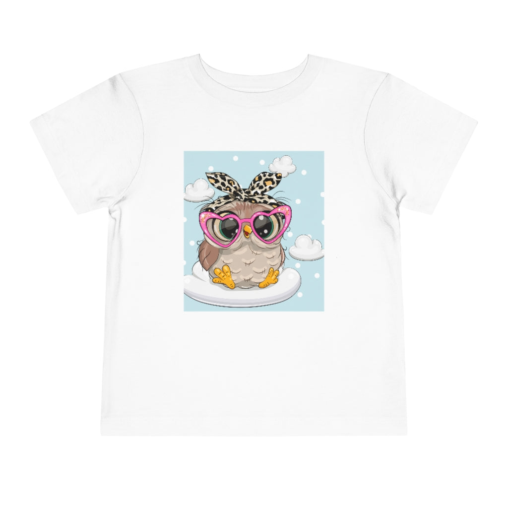 Kids Short Sleeve Tee "Cute Cartoon Owl in pink glasses on the cloud"