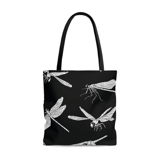 AOP Tote Bag "White dragonflies on a black background"