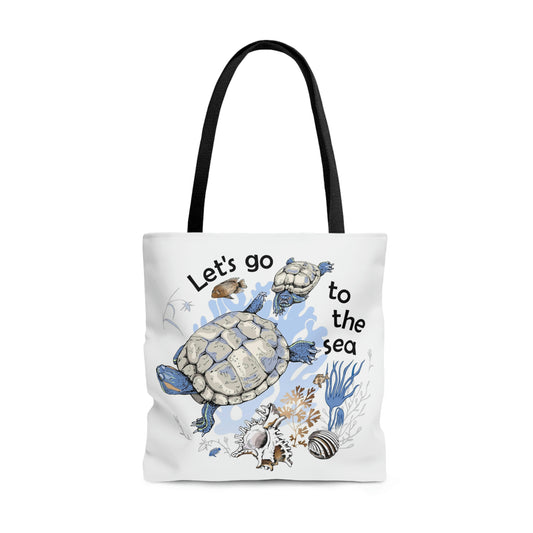 AOP Tote Bag "Two Turtle, corals, shells and fishes in the sea"