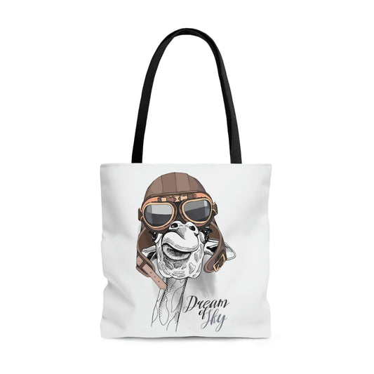 AOP Tote Bag "Giraffe in Aviator Leather Helmet"