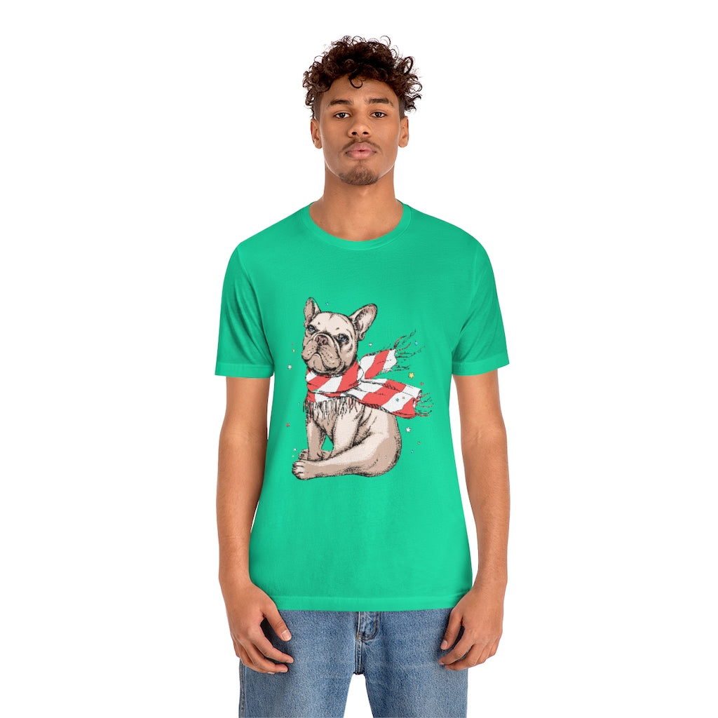 Unisex Jersey Short Sleeve Tee "French bulldog in a striped scarf"