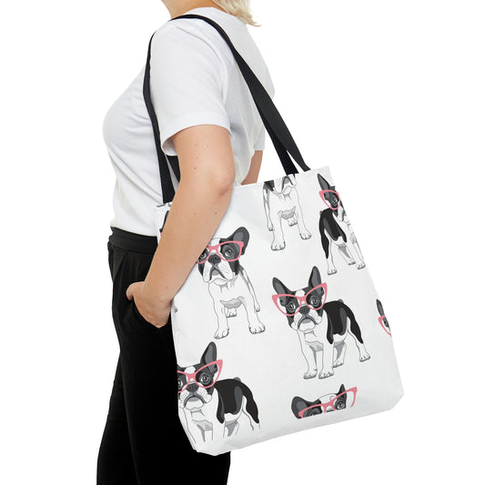 AOP Tote Bag "Pattern with cartoon French Bulldog in a pink glasses"