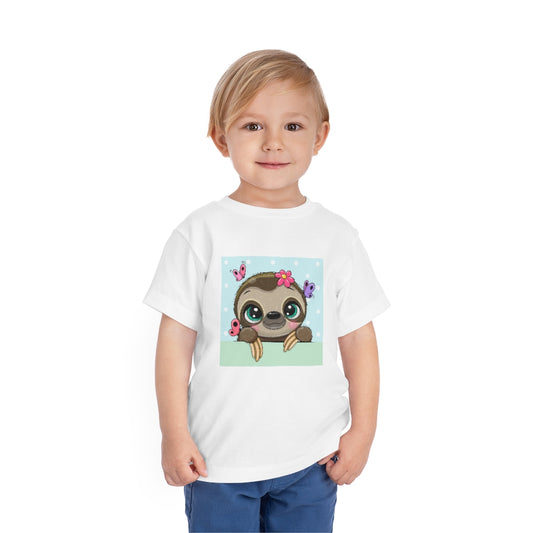 Kids Short Sleeve Tee "Cute Cartoon Sloth with butterflies on a blue background"