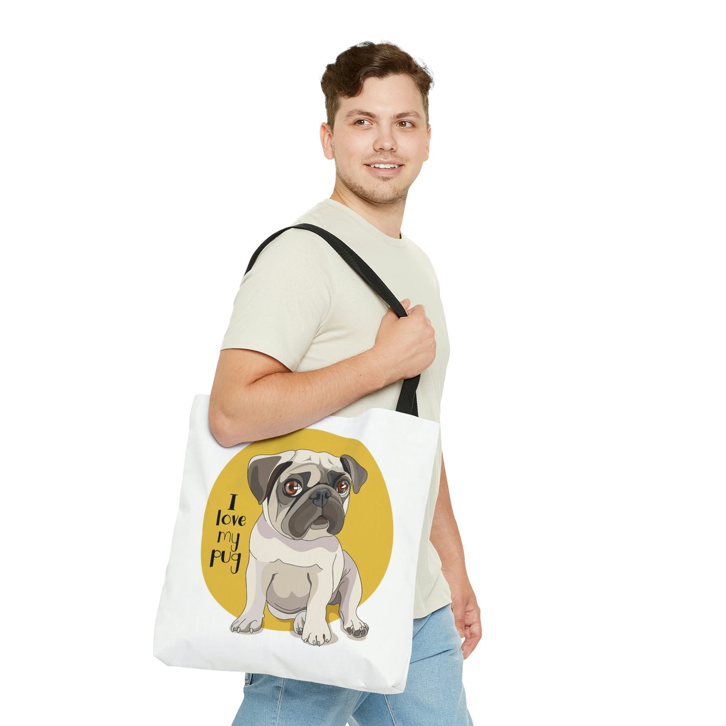 AOP Tote Bag "Puppy Pug on a yellow background"
