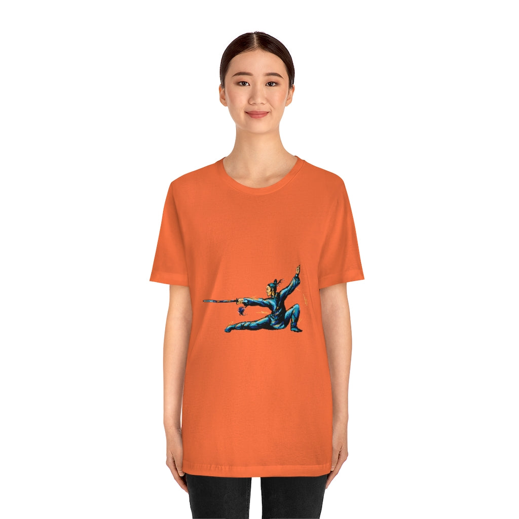 Unisex Jersey Short Sleeve Tee "Master of wushu in a blue kimono with a sword on training"