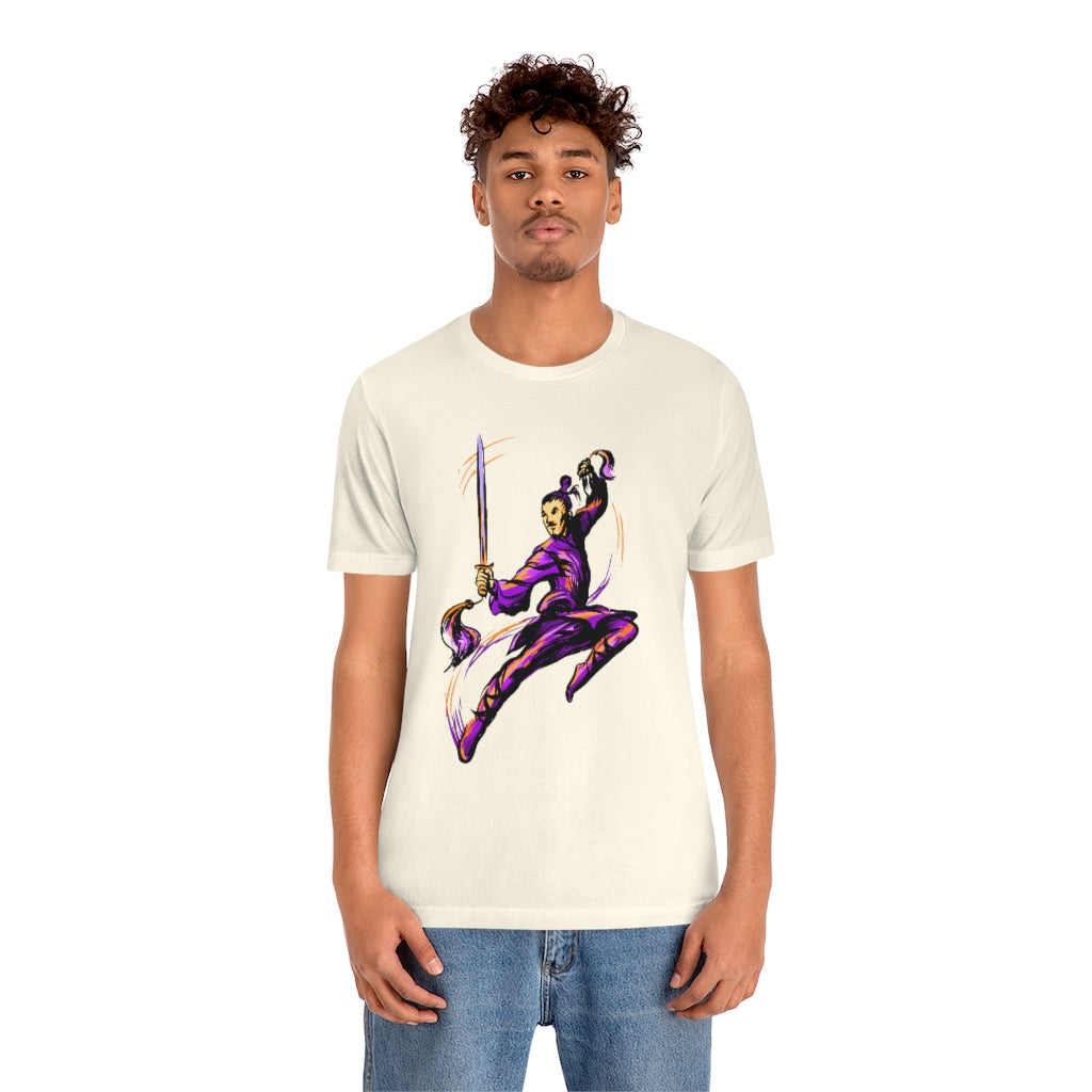 Unisex Jersey Short Sleeve Tee "Master of wushu in a purple kimono with a sword on training"