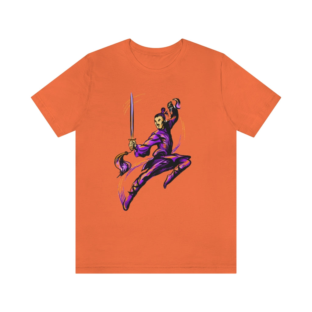 Unisex Jersey Short Sleeve Tee "Master of wushu in a purple kimono with a sword on training"