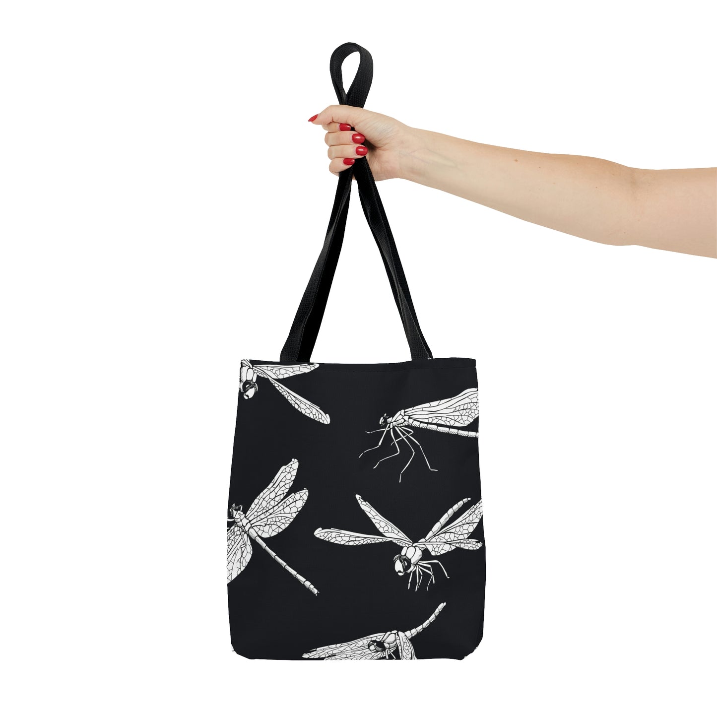 AOP Tote Bag "White dragonflies on a black background"