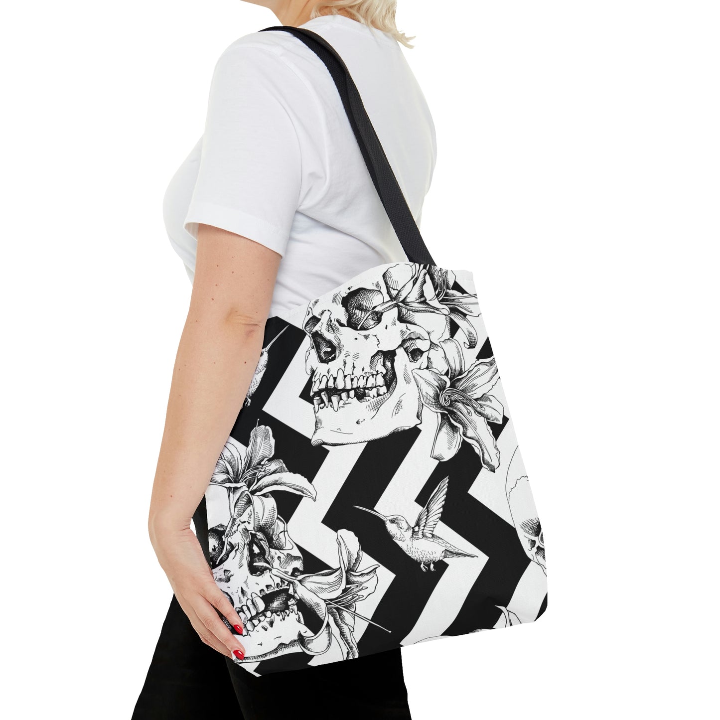 AOP Tote Bag "Human skulls with exotic flowers and bird on the geometric background"